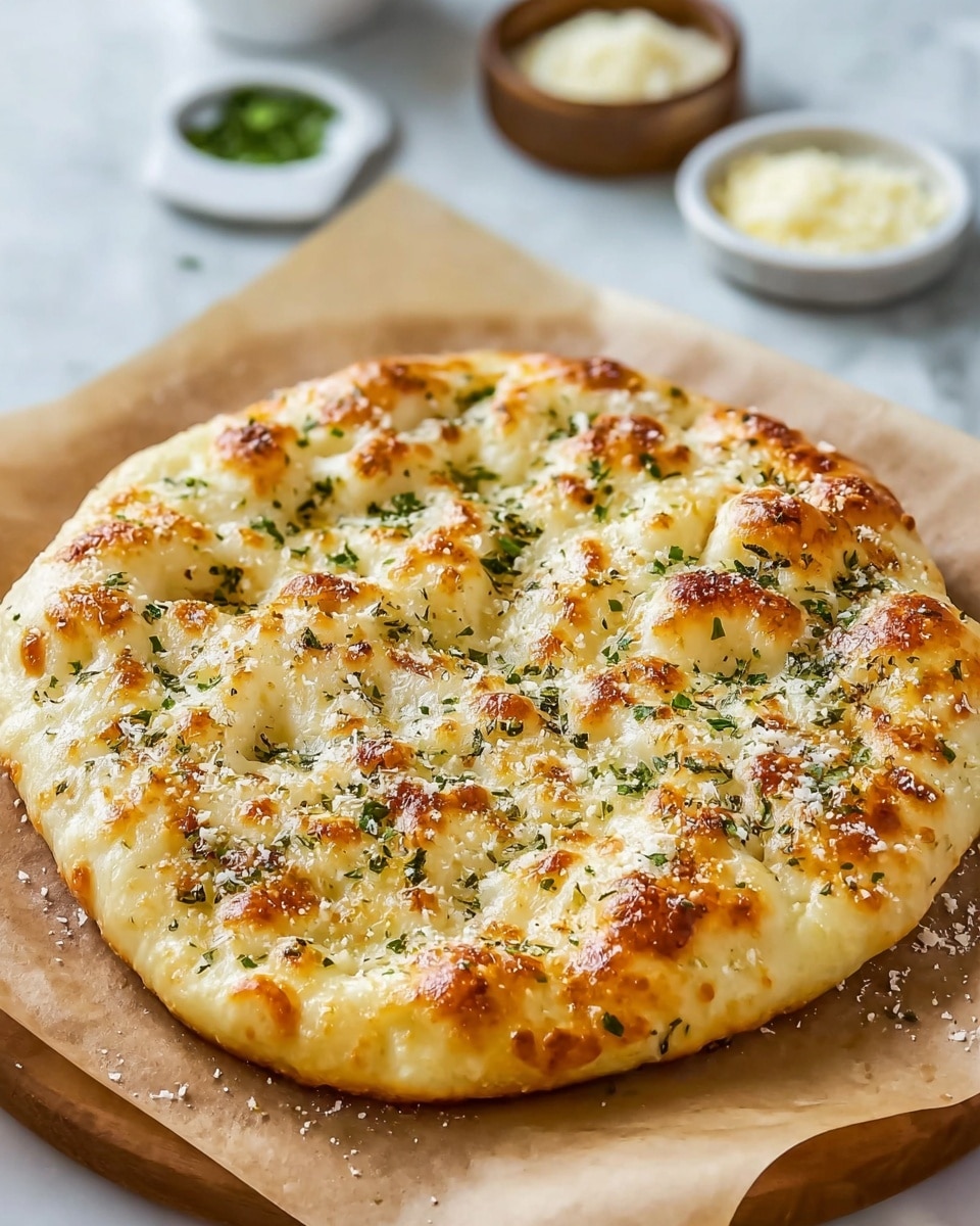 A round, golden flatbread with a puffy texture is shown on light brown parchment paper placed on a wooden board. The flatbread has a bubbly surface with browned spots and is sprinkled with finely chopped green herbs and a light dusting of white powder, possibly cheese or seasoning. The bread looks soft and slightly oily with a fluffy inside visible in the dimples across the top. The background is a white marbled surface with small bowls of grated cheese and seasoning blurred in the background. photo taken with an iphone --ar 4:5 --v 7