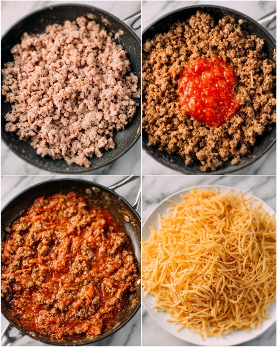 The image is a collage of four close-up photos arranged in a 2x2 grid showing the stages of cooking a ground meat dish. The top-left photo shows a large black skillet filled with raw ground meat that is light pink and beige in color. The top-right photo features the same skillet now half filled with browned meat, with a bright red sauce dollop added on top of the meat, positioned near the center. The bottom-left photo shows the skillet with fully browned meat, mixed evenly with the red sauce, which gives the mixture a reddish-brown color and a textured look. The bottom-right photo displays a white plate filled with golden-brown cooked pasta, the strands soft and piled loosely. The entire scene is set on a white marbled surface. photo taken with an iphone --ar 4:5 --v 7
