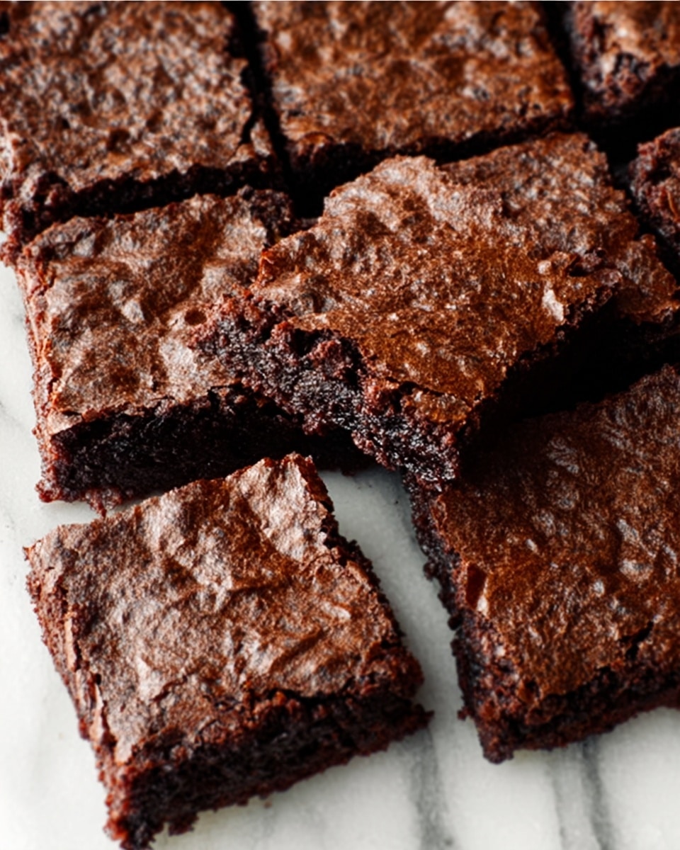 The image shows six pieces of rich, dark brown brownies arranged closely together on a white marbled surface. One piece is slightly pulled away, revealing a moist and dense texture inside with a slight shine on the edges. The top layer of the brownies has a cracked, crinkly surface that looks crispy. No other items are visible around the brownies. photo taken with an iphone --ar 4:5 --v 7