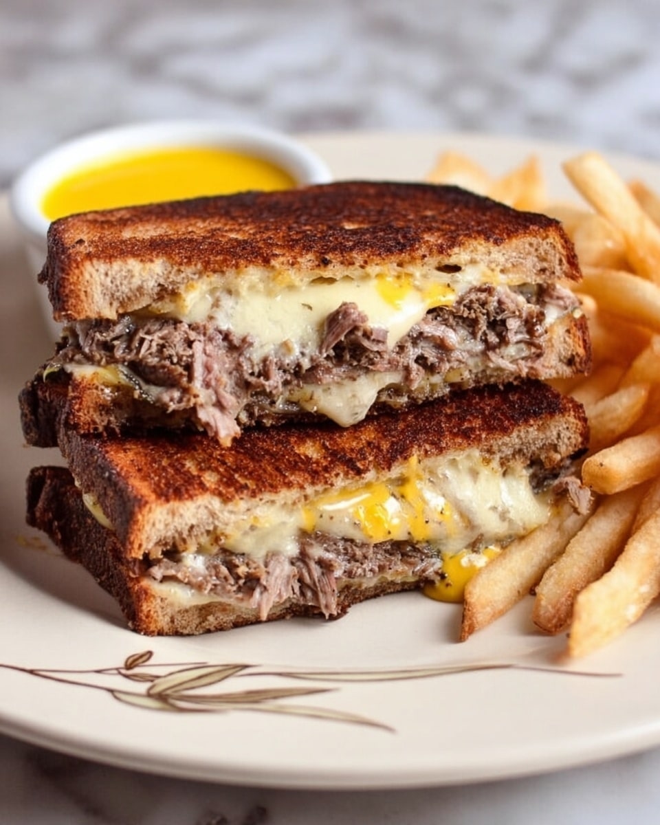 The dish shows two sandwich halves stacked on a white plate with a simple leaf design near the edge. The sandwich has three layers: the outer layers are toasted brown bread with a slightly dark, crispy texture, and the middle layers include a thick layer of shredded cooked meat with a grayish-brown color, mixed with melted white cheese and a spread of yellow mustard. On the right side of the plate, there is a small pile of light golden French fries with a soft texture. In the background, there is a small white bowl with a creamy yellow sauce. The surface beneath the plate is a white marbled texture. Photo taken with an iphone --ar 4:5 --v 7