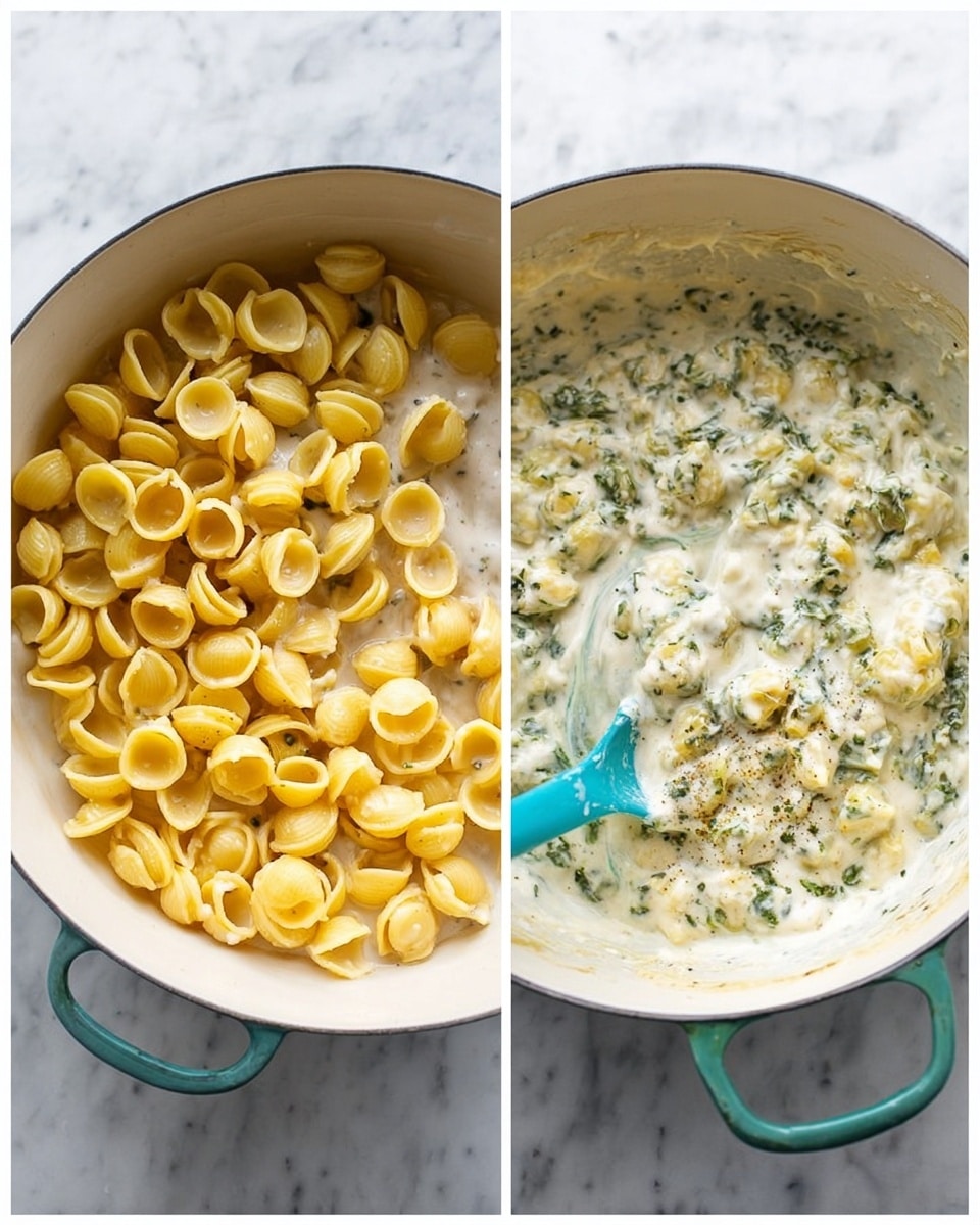A white pot sits on a white marbled surface, filled with a creamy sauce mixed with herbs, showing swirls of green and white liquid. On top of the sauce, a single layer of small yellow pasta shells is scattered, some partially submerged. In the second image, the pasta has absorbed the creamy sauce, turning into a thick, smooth, light yellow dish with visible herbs, all stirred together with a turquoise spoon inside the pot. photo taken with an iphone --ar 4:5 --v 7