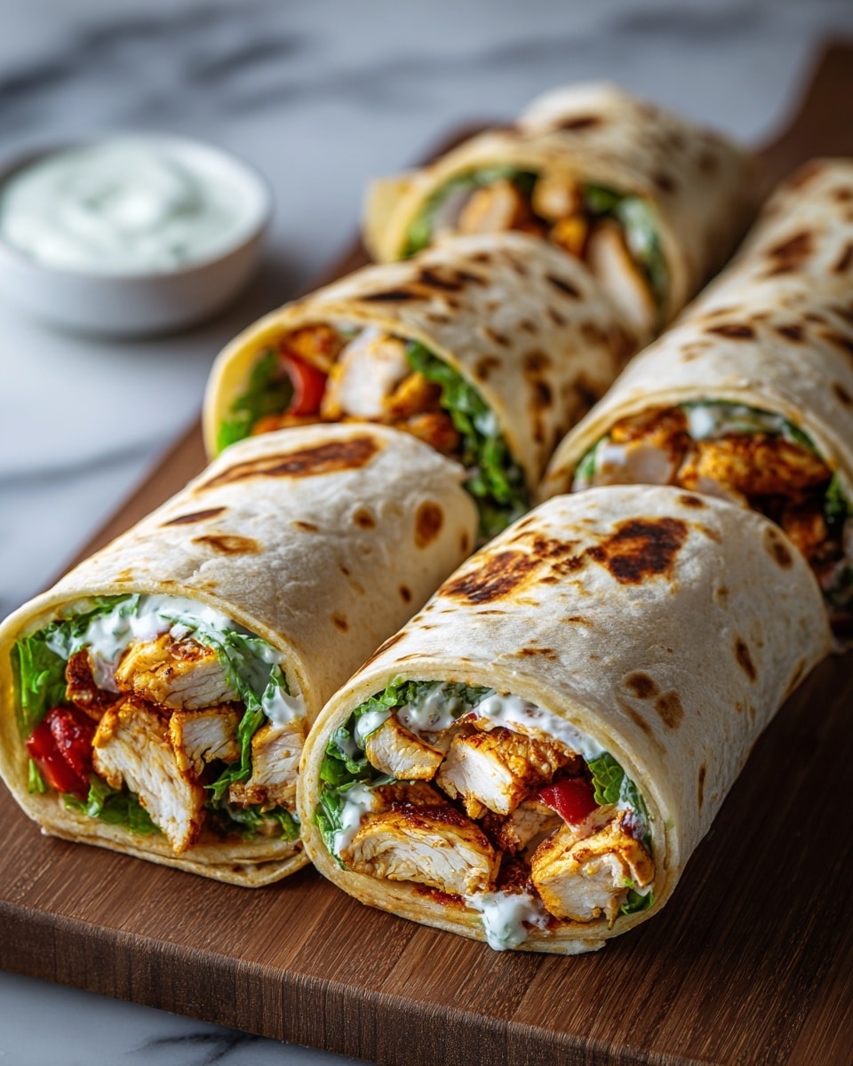 A close-up view of three stacked wraps on a wooden surface with a white marbled background, each wrap made of a light beige, slightly browned tortilla with some toasted spots. Inside layers include a bright orange chicken filling with soft texture, fresh green lettuce, and white creamy sauce seen oozing slightly in some parts. The wraps are cut in half showing the cross-section, arranged with the ends facing forward creating a textured, layered look. Photo taken with an iphone --ar 4:5 --v 7