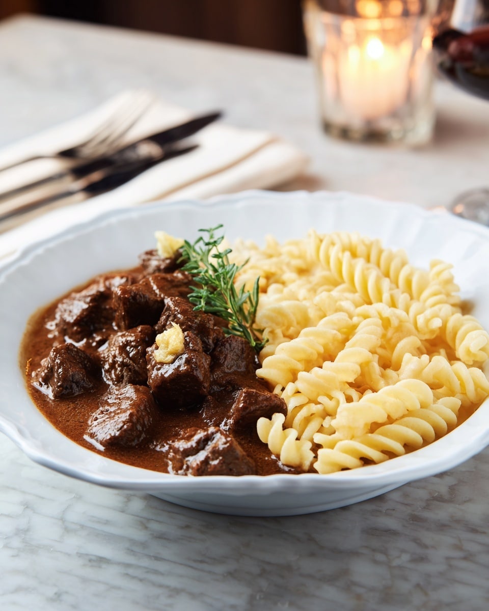 A white scalloped plate holds a dish with two main layers: on the left side, there are dark brown chunks of meat in a thick brown sauce, garnished with a small sprig of green rosemary and a small dollop of light butter-like substance on top. On the right side, there is a pile of pale yellow spiral-shaped soft noodles with a slightly rough texture. The plate sits on a white marbled surface, with a fork and knife placed on a folded white napkin in the background, along with a softly glowing candle in the distance. Photo taken with an iphone --ar 4:5 --v 7