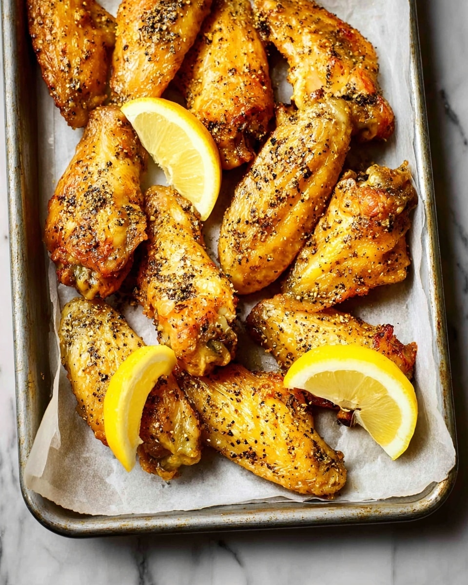 A metal baking tray lined with white parchment paper holds nine golden brown chicken wings seasoned with black pepper and herbs, arranged close together but not overlapping. Among the wings, two bright yellow lemon wedges are placed, adding contrast. The skin of the wings looks crispy and textured, with specks of seasoning visible. The tray sits on a white marbled surface. Photo taken with an iphone --ar 4:5 --v 7