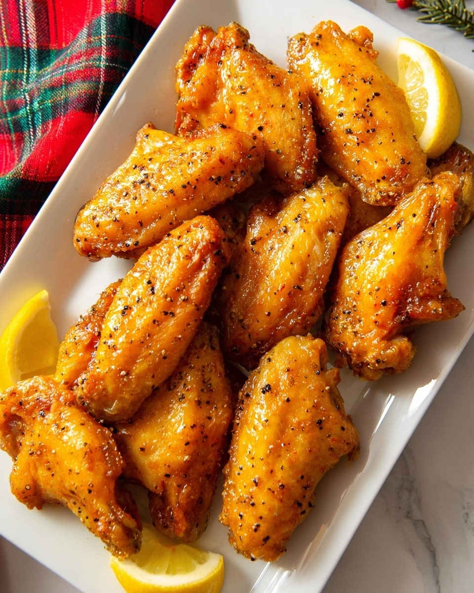 A white rectangular plate holds eight cooked chicken wings arranged closely in two rows, mostly golden-orange in color with a slight shiny texture and speckled with black pepper. On the top right and bottom left corners of the plate, there are two lemon wedges that add a bright yellow accent. The plate sits on a white marbled surface, and a red and green plaid cloth is partially visible on the upper left side. The overall look is warm and inviting, with the chicken wings showing a slightly crispy and well-seasoned surface. photo taken with an iphone --ar 4:5 --v 7