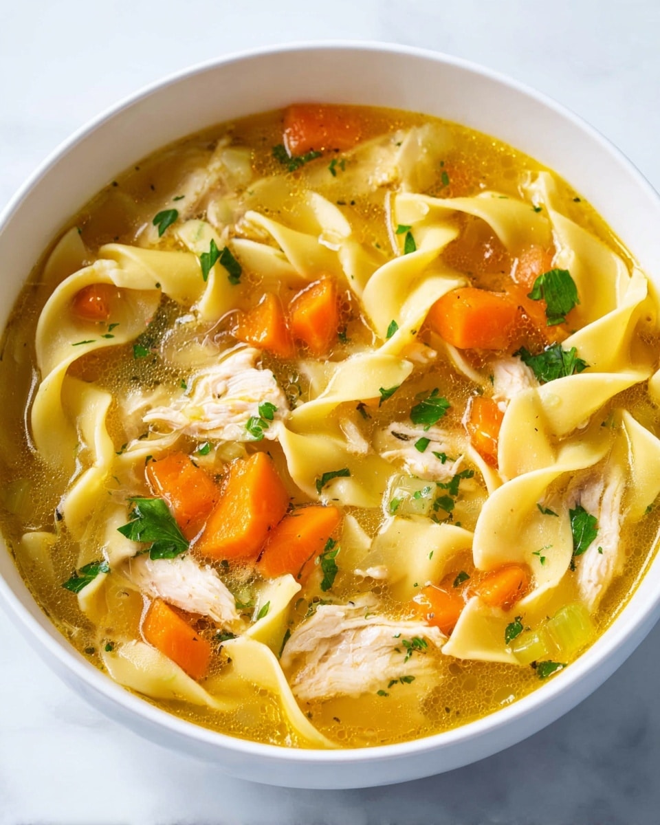 A white bowl filled with chicken noodle soup sits on a white marbled surface. The soup has a golden-yellow broth with three main layers seen from the top: soft wide egg noodles with a pale yellow color and slightly curled edges, chunks of bright orange carrot pieces, and tender bits of white chicken meat. Scattered throughout are translucent white onion pieces and small green parsley leaves adding freshness and color contrast. The broth has a light oily shine reflecting the light, showing a warm and comforting texture. Photo taken with an iphone --ar 4:5 --v 7