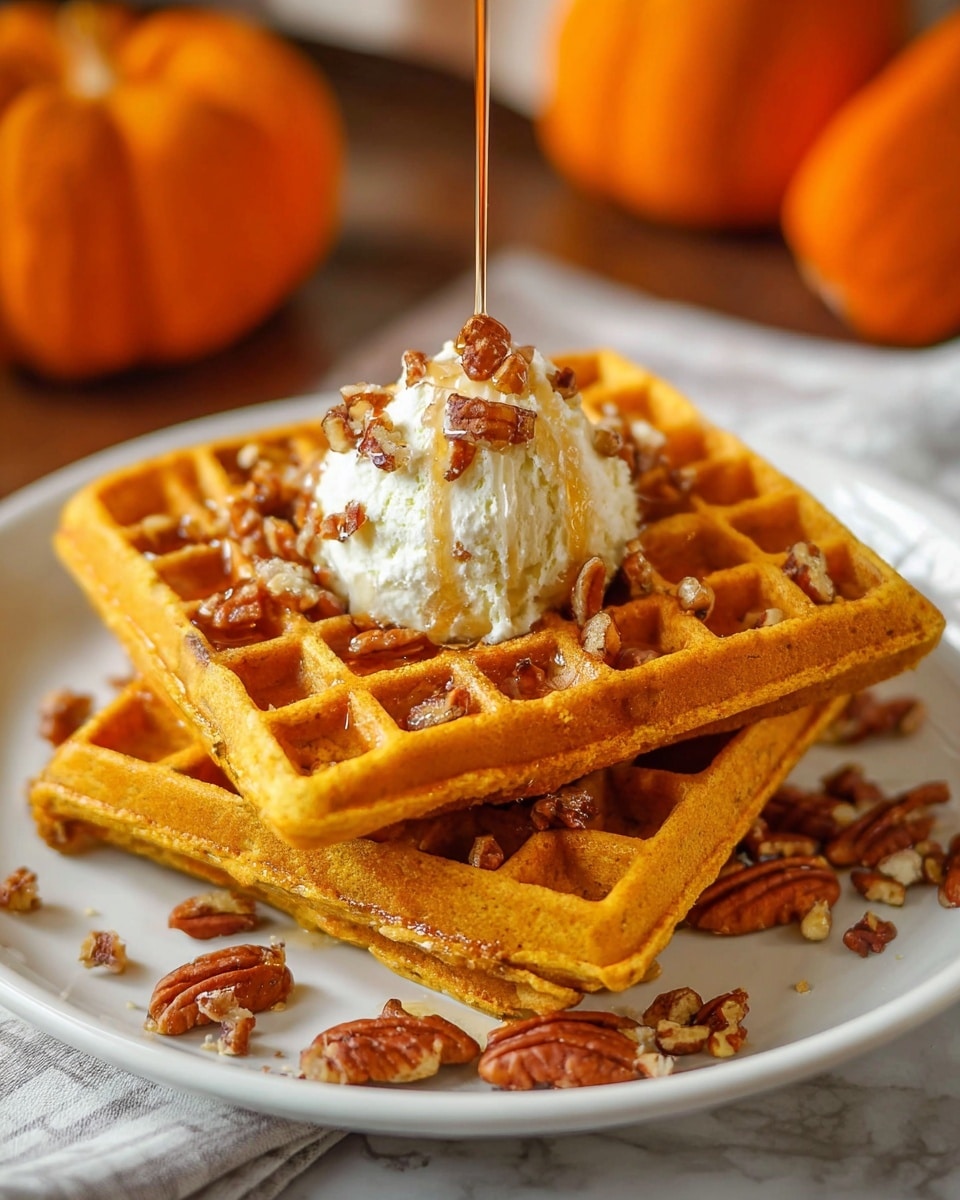 Two golden brown waffles stacked unevenly on a white plate with a white marbled textured surface underneath. The top waffle has a scoop of light cream-colored butter or cream in the center, sprinkled with small rough pieces of brown pecans. Syrup is being poured over the butter, flowing down the sides and into the waffle pockets. More chopped pecans are scattered on and around the waffles. The background is softly blurred with orange pumpkins, adding a warm, cozy feel. The photo taken with an iphone --ar 4:5 --v 7