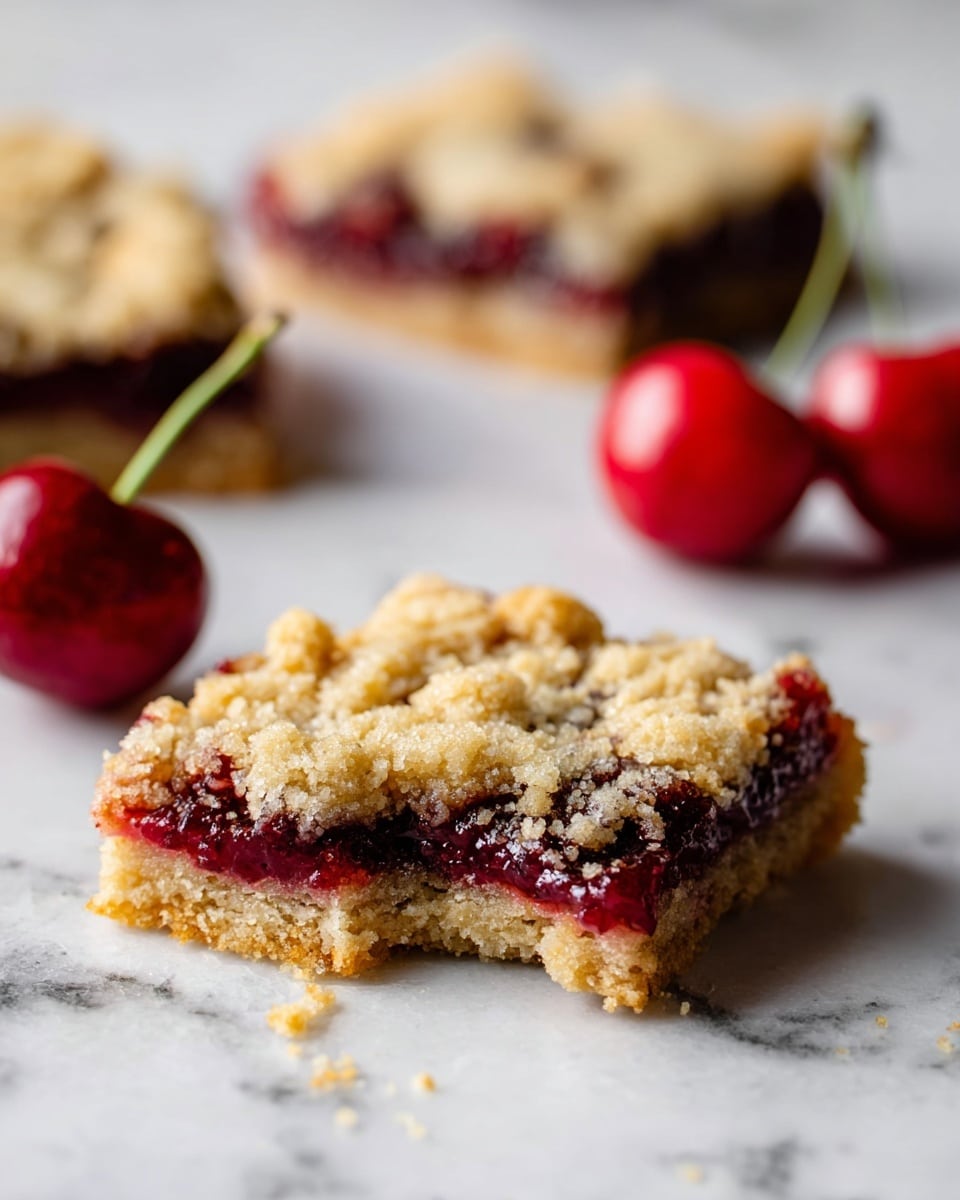 The image shows a close-up of a square cherry crumble bar with three clear layers: a crumbly light golden brown crust at the bottom, a thick, glossy dark red cherry filling in the middle, and a coarse, crumbly golden topping on top. The bar has a small bite taken out of the front side, showing the soft crumb texture of the crust and the juicy filling. In the background, another larger piece of the same bar is slightly out of focus on a white marbled surface, along with two whole bright red cherries with stems. The lighting is bright and natural, highlighting the textures and colors of the dessert. photo taken with an iphone --ar 4:5 --v 7