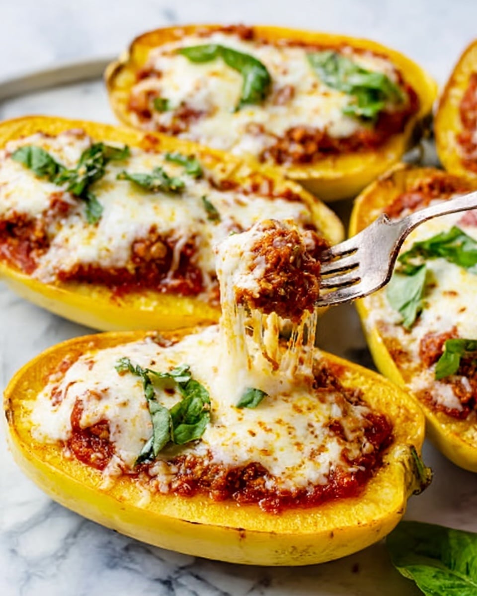 The image shows four yellow squash halves placed on a white marbled surface, each topped with a layer of tomato sauce spread evenly, followed by a thick layer of melted white cheese that stretches as a woman's hand lifts a piece with a fork. Small green basil leaves are scattered on top of the cheese, adding hints of color. The yellow squash skin is smooth and glossy, contrasting with the rich red sauce and creamy cheese. The food is served on a white plate partially visible on the side. The photo taken with an iphone --ar 4:5 --v 7