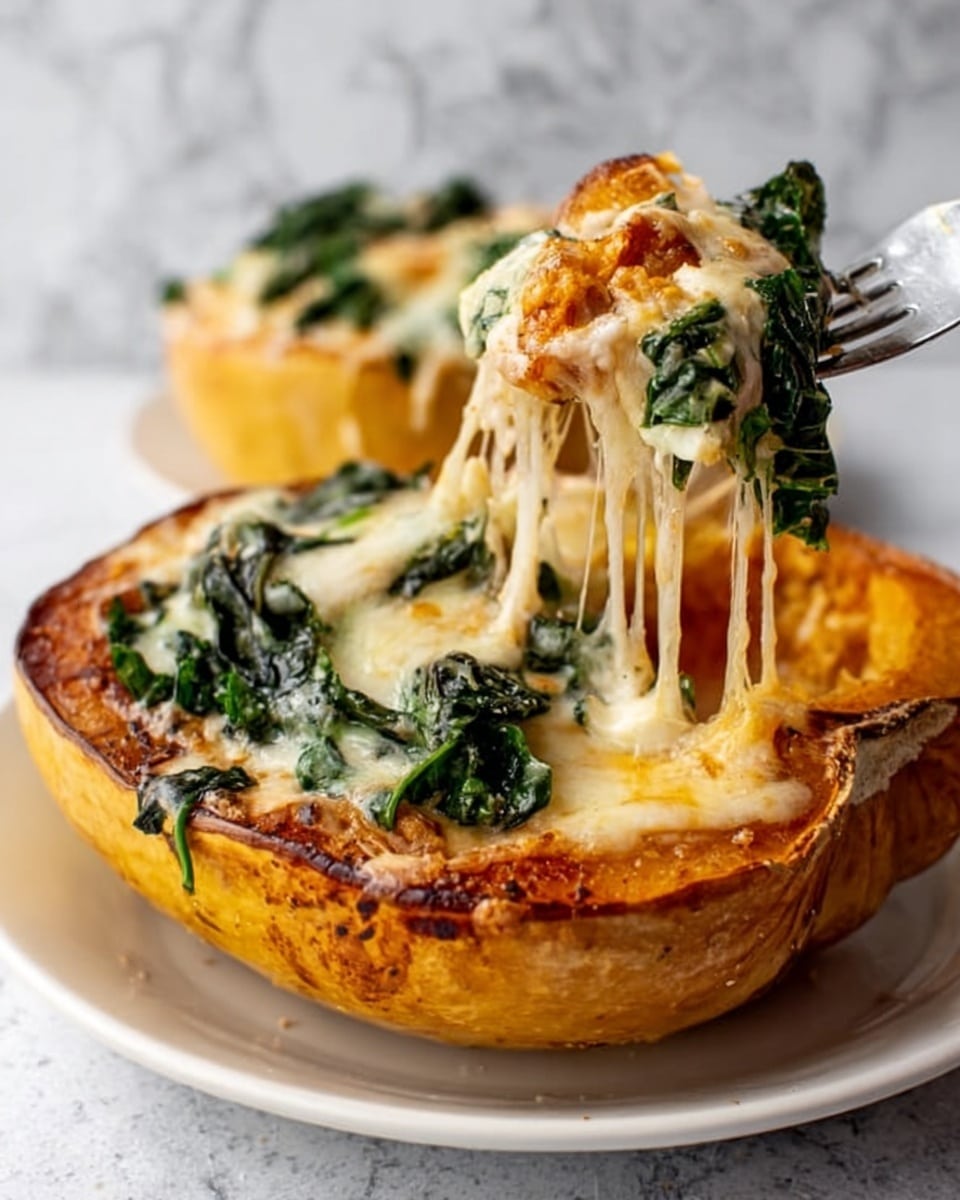 The image shows a halved roasted squash filled with melted cheese, which is stretched as a fork lifts some out. On top of the cheese, there are some cooked dark green leafy vegetables. The squash is placed on a white plate, and the background has a white marbled texture. The cheese appears light creamy in color and smooth in texture, while the squash skin is a warm brown-orange with a slightly rough surface. Photo taken with an iphone --ar 4:5 --v 7