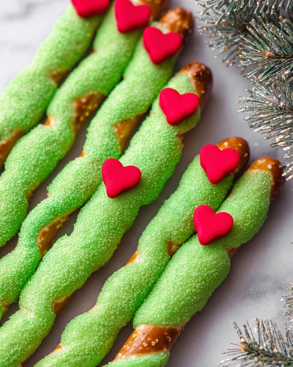 The image shows several pretzel sticks arranged closely on a white marbled surface. Each pretzel stick is coated unevenly with a bright green layer that looks sugary and textured, covering most of the stick but leaving the bottom part of the pretzel bare. On top of the green layer, near the middle of each pretzel stick, there is a small, flat red heart-shaped decoration placed in a neat row. The green coating has some gentle swirls and bumps, giving each pretzel stick a slightly different shape. In the background, part of a decorative Christmas tree branch is visible, adding a festive touch. Photo taken with an iphone --ar 4:5 --v 7