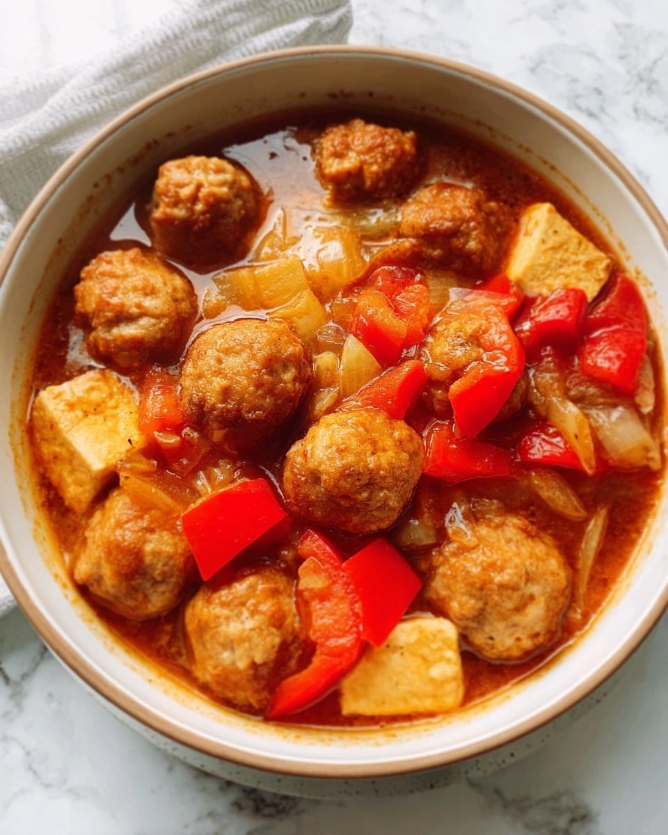 The image shows a white bowl filled with a thick stew containing round meatballs and soft tofu pieces. The stew is rich with a reddish-brown broth that looks slightly oily and shiny. There are scattered pieces of bright red bell pepper throughout the stew. The bowl sits on a white marbled surface. Photo taken with an iphone --ar 4:5 --v 7