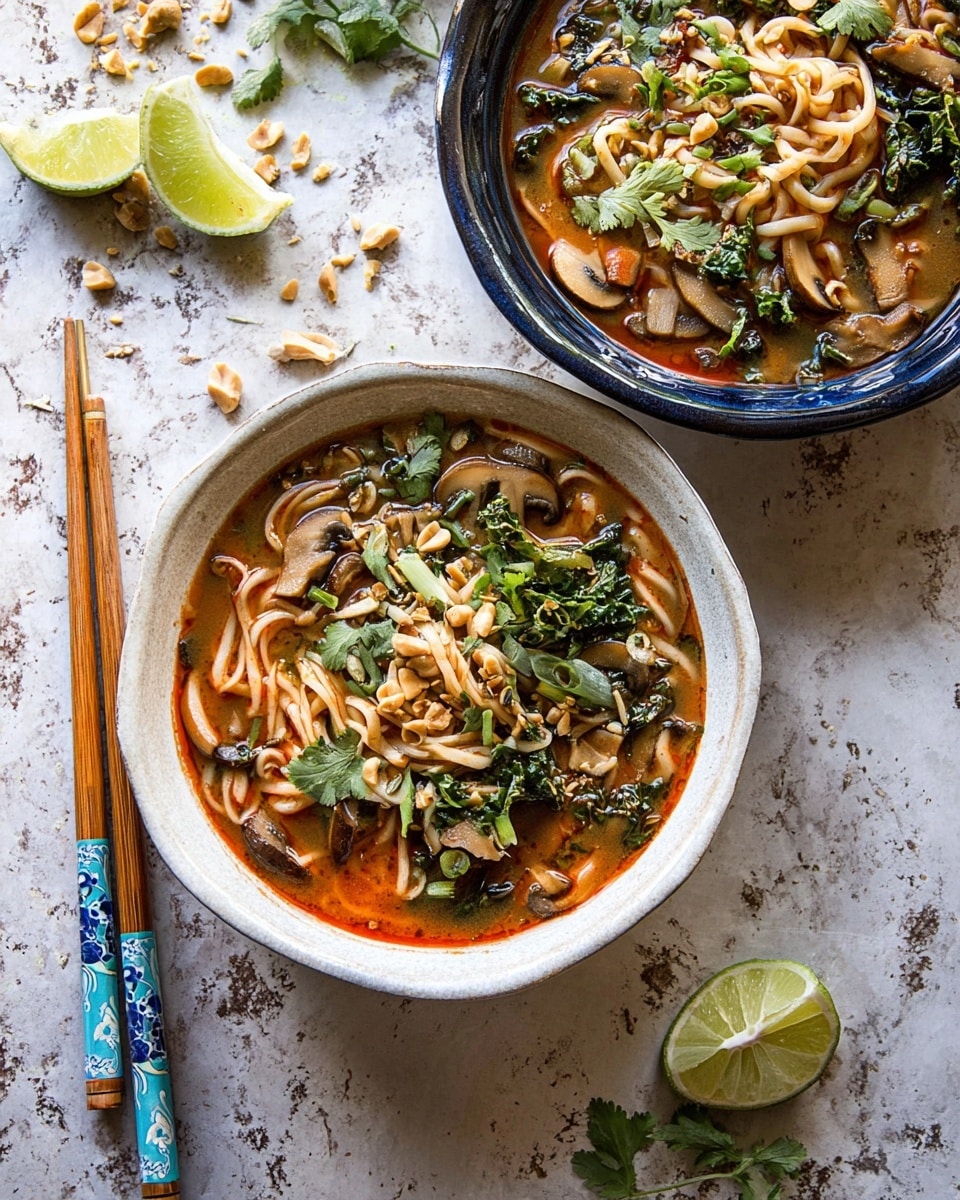 Two bowls of noodle soup sit on a white marbled surface. Each bowl has a rich reddish-brown broth filled with light beige noodles and pieces of light brown mushrooms. On top, bright green herbs and chopped greens add freshness, along with wedges of pale yellow lime. Crushed nuts are scattered on the surface and around the bowls. One bowl is white with a blue patterned rim, and wooden chopsticks with blue and white floral designs rest on its edge. The other bowl is white and dark blue. Photo taken with an iphone --ar 4:5 --v 7