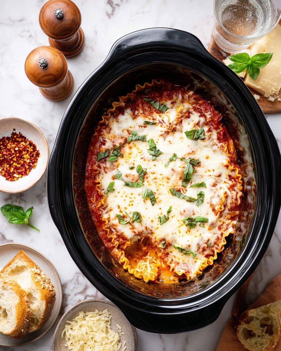 The image shows a slow cooker filled with a baked lasagna. The lasagna has three visible layers: a bottom layer of thick red tomato sauce with cooked wavy-edged pasta, a middle layer of melted white cheese spread unevenly but fully covering the pasta, and a top layer with more melted cheese browned slightly in spots, garnished with small green basil leaves scattered across. The slow cooker is black inside and placed on a white marbled surface. Around it are small dishes with red chili flakes, shredded cheese, a wooden pepper grinder and salt shaker, a glass of water, some herb sprinkled bread slices, and a wooden spoon. Photo taken with an iphone --ar 4:5 --v 7