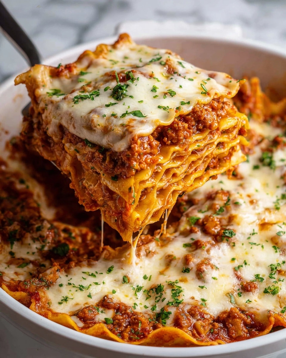 A thick slice of lasagna is lifted from a white round baking dish, showing several layers of wavy pasta sheets, rich red meat sauce mixed with small bits of vegetables, and melted creamy white cheese on top and between layers. The top layer of cheese is golden with small browned spots and sprinkled with finely chopped green herbs. The baking dish holds the rest of the lasagna which is covered in melted cheese and sauce, also garnished with the same green herbs. The entire scene is set against a white marbled textured surface. photo taken with an iphone --ar 4:5 --v 7
