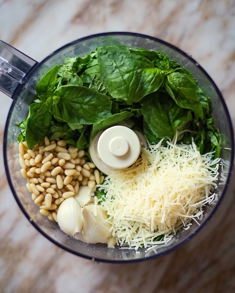 The image shows a clear food processor bowl top view with fresh bright green basil leaves on one side, pale beige pine nuts on another side, whole light garlic cloves near the bottom, and a heap of finely shredded white cheese on the opposite side of the basil. The bowl is placed on a white marbled surface. Photo taken with an iphone --ar 4:5 --v 7