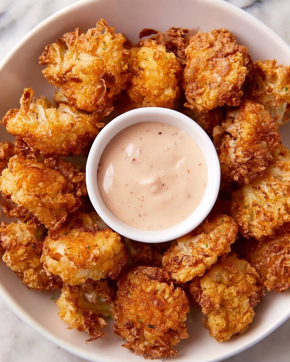 The image shows a white bowl filled with multiple golden brown, crispy fried cauliflower pieces arranged around a small white cup of creamy, light pink dipping sauce in the center. Each cauliflower piece has a crunchy, textured coating with uneven and crispy edges. The bowl sits on a white marbled surface. Photo taken with an iphone --ar 4:5 --v 7