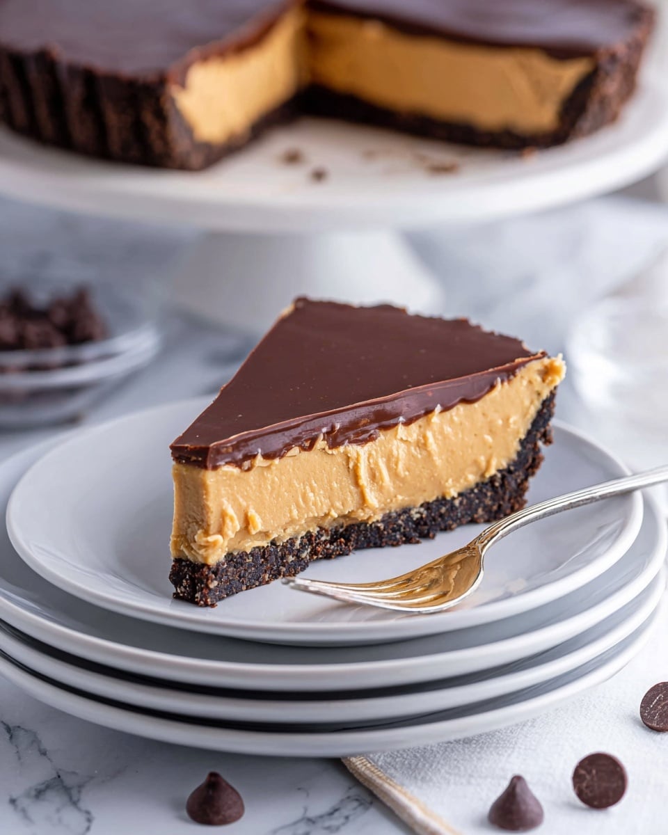 The image shows a slice of a three-layer chocolate peanut butter pie on a white plate with a fork holding a bite-sized piece of the pie. The bottom layer is a dark chocolate crust with a slightly crumbly texture. The middle layer is thick and smooth peanut butter filling in a light tan color. The top layer is a glossy dark chocolate ganache with a smooth finish and slightly wavy edges where it meets the peanut butter layer. The slice sits on a stack of white plates with a white marbled surface below, with a few chocolate chips scattered nearby. A large pie with the same layers is visible blurred in the background on a white cake stand. photo taken with an iphone --ar 4:5 --v 7