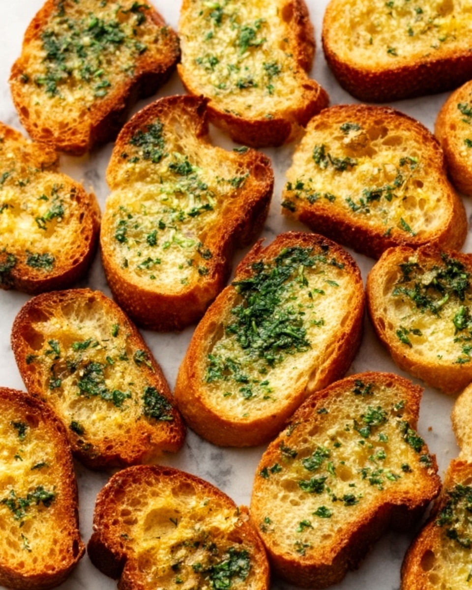 The image shows many slices of toasted bread arranged closely on a white marbled surface, each slice topped with a thick layer of golden, melted garlic butter mixed with finely chopped green parsley. The bread has a crispy, slightly browned texture on the edges, while the garlic butter layer looks smooth and creamy, covering the center of each slice evenly. The parsley adds small specks of fresh green color on top of the warm yellow butter, creating a vibrant contrast. photo taken with an iphone --ar 4:5 --v 7