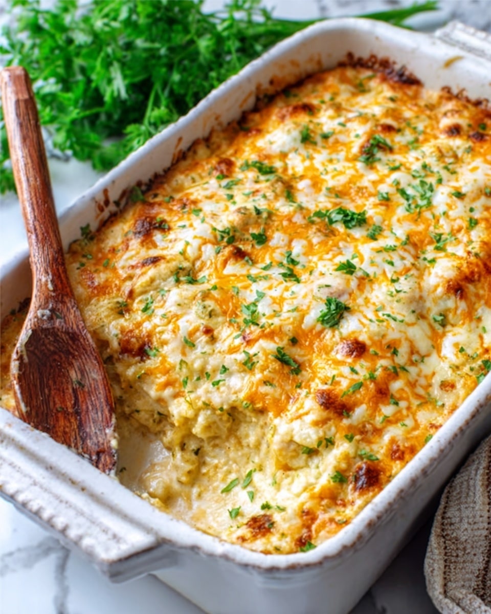 The image shows a white rectangular baking dish filled with a baked casserole. The casserole has a creamy, light brown top layer with melted shredded cheese in white and orange shades spread evenly, creating a slightly bubbly texture. Small green parsley bits are scattered over the cheese, adding a fresh touch. A wooden spoon rests diagonally on the edge of the dish, hinting at the casserole being served. The dish sits on a white marbled surface with some green herbs blurred in the background. photo taken with an iphone --ar 4:5 --v 7