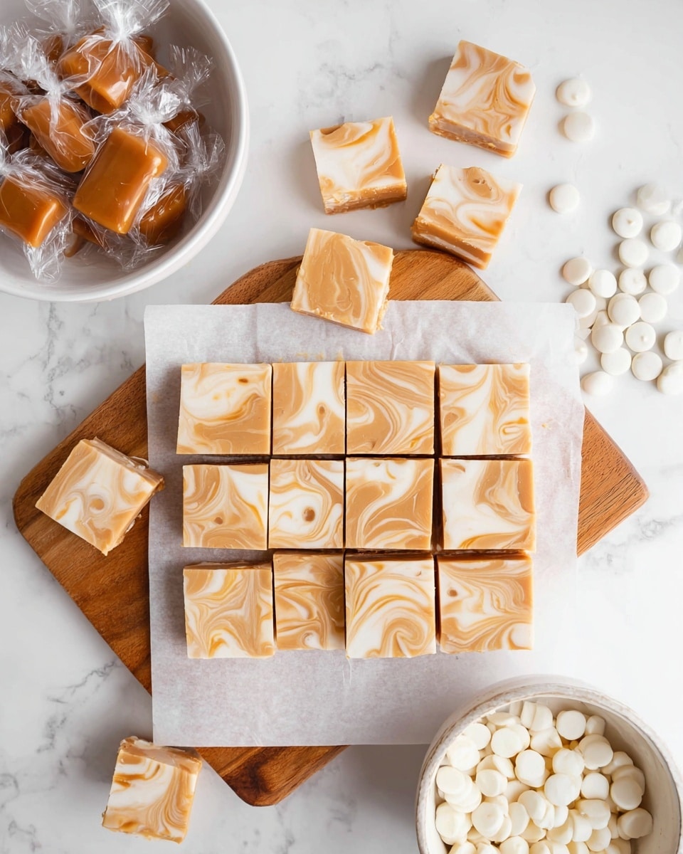 A wooden board holds a layer of white parchment paper with 15 square pieces of creamy fudge, each showing a smooth swirl pattern of light caramel and white colors mixed evenly on the top layer. Around the board, there are nine extra fudge squares scattered freely. To the upper left, a white bowl is filled with individually wrapped caramel candies in clear plastic, while a white bowl to the upper right contains many small, round white candy melts with some scattered outside the bowl. The entire setup rests on a white marbled surface, creating a clean and bright scene. photo taken with an iphone --ar 4:5 --v 7