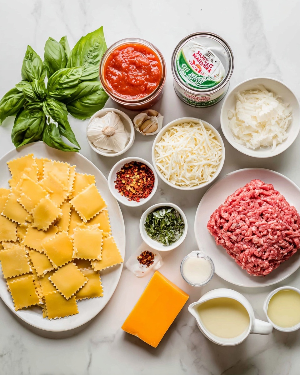 The image shows many ingredients arranged neatly on a white marbled surface. There is a plate full of square yellow lasagna pasta at the bottom left. Above the pasta, fresh green basil leaves are placed next to a jar of red tomato basil sauce and a can of diced tomatoes. Small white bowls hold shredded white cheese, chopped white onions, a white creamy cheese, minced garlic, dried green herbs, red pepper flakes, and some sun-dried tomatoes. A white plate with raw ground beef is placed near the center. On the right, a chunk of orange cheese sits next to a small white pitcher of olive oil, a measuring jug with light yellow broth, and a small white jug of cream. All items are bright and clear. Photo taken with an iphone --ar 4:5 --v 7