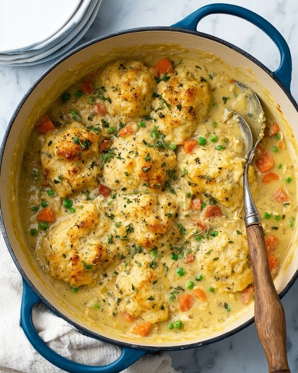 The image shows a large blue pot filled with a creamy chicken and vegetable stew topped with soft, golden-brown biscuit dumplings. The stew is thick and light yellow with visible bright orange carrot slices, green peas, and bits of chicken mixed throughout. The biscuit dumplings are uneven in shape and sit on top, soaking slightly in the sauce, with small green herb sprinkles scattered over them. A vintage metal spoon with a wooden handle rests inside the pot, partially submerged. The pot is placed on a white marbled surface with a white cloth nearby, and two stacked white plates appear in the top left corner. photo taken with an iphone --ar 4:5 --v 7