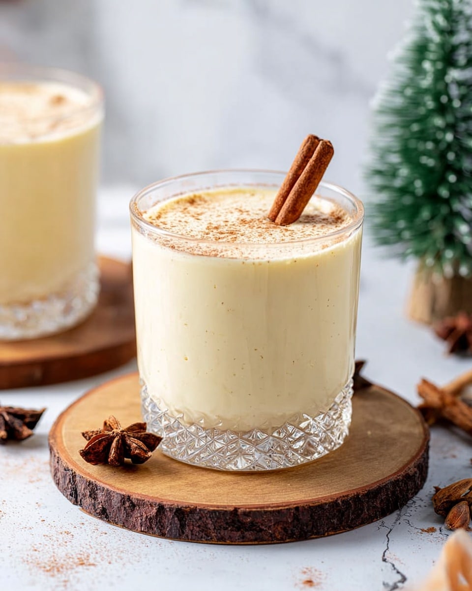 A clear glass filled with a creamy pale yellow drink topped with light brown cinnamon powder and two cinnamon sticks standing upright near the center. The glass has a textured bottom and sits on a round wooden coaster with dark brown edges, accompanied by star anise pieces placed around it. The background shows a white marbled surface with a soft focus of another similar glass on a wooden coaster and a small green artificial tree to the right. The overall scene is bright and cozy, with a festive feel. Photo taken with an iphone --ar 4:5 --v 7