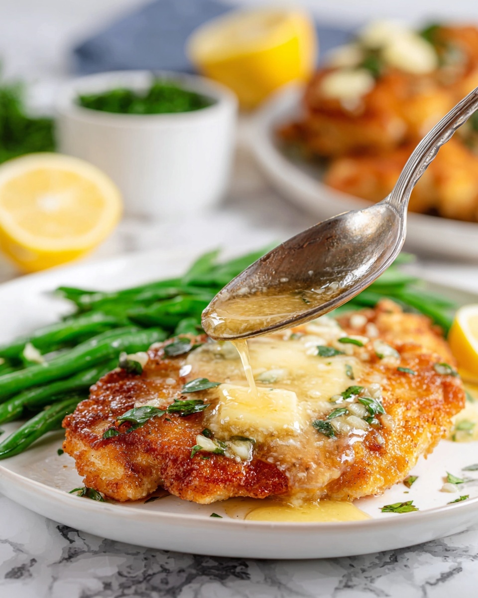 A close-up shows a golden brown fried chicken fillet on a white plate, topped with melted butter and small pieces of garlic and green herbs. A silver spoon holds more melted butter, dripping slowly onto the chicken. On the left side of the plate, bright green beans add a fresh color contrast. In the blurred background, another white plate with more chicken, a small white bowl with green herbs, and a small white dish with lemon slices are placed on a white marbled surface. photo taken with an iphone --ar 4:5 --v 7