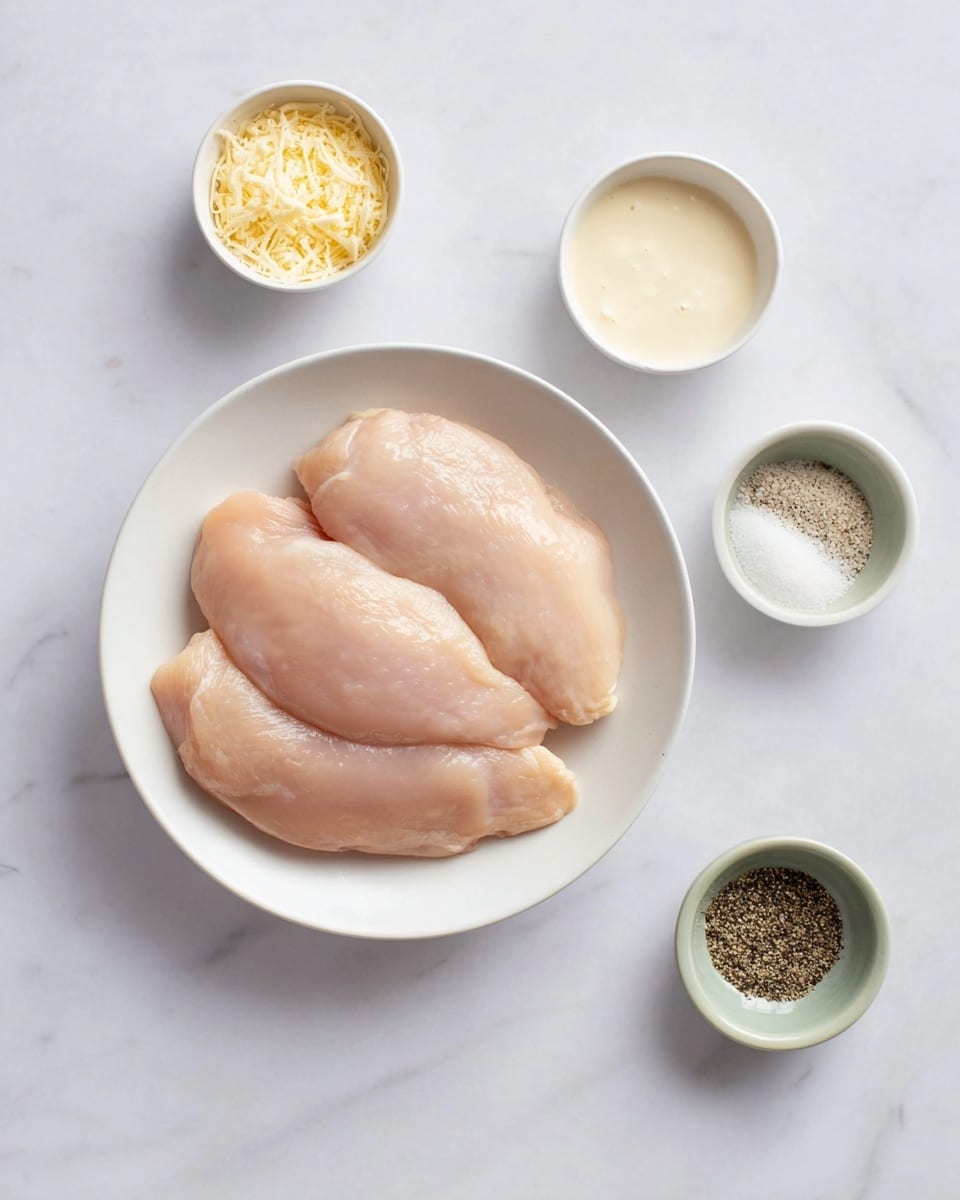 A white bowl holds three raw, smooth, pale pink chicken breasts stacked slightly overlapping in the center. Surrounding the bowl are four small bowls placed on a white marbled surface: at the top left is a bowl filled with finely grated light yellow cheese, at the top right a bowl with creamy white mayonnaise, at the bottom left a bowl with pale yellow garlic powder, and at the bottom right a bowl with a coarse mix of black pepper and white salt. The scene is simple with soft lighting that highlights the fresh ingredients, photo taken with an iphone --ar 4:5 --v 7