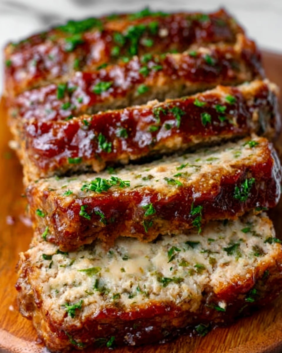 The image shows a close-up of three slices of meatloaf arranged diagonally on a wooden board. Each slice has a rich brown top layer with a glossy glaze, speckled with green herbs. The inside of the meatloaf is light beige mixed with finely chopped green herbs, creating a soft and moist texture. The wooden board contrasts with the white marbled background beneath it, highlighting the dish’s warm colors. photo taken with an iphone --ar 4:5 --v 7