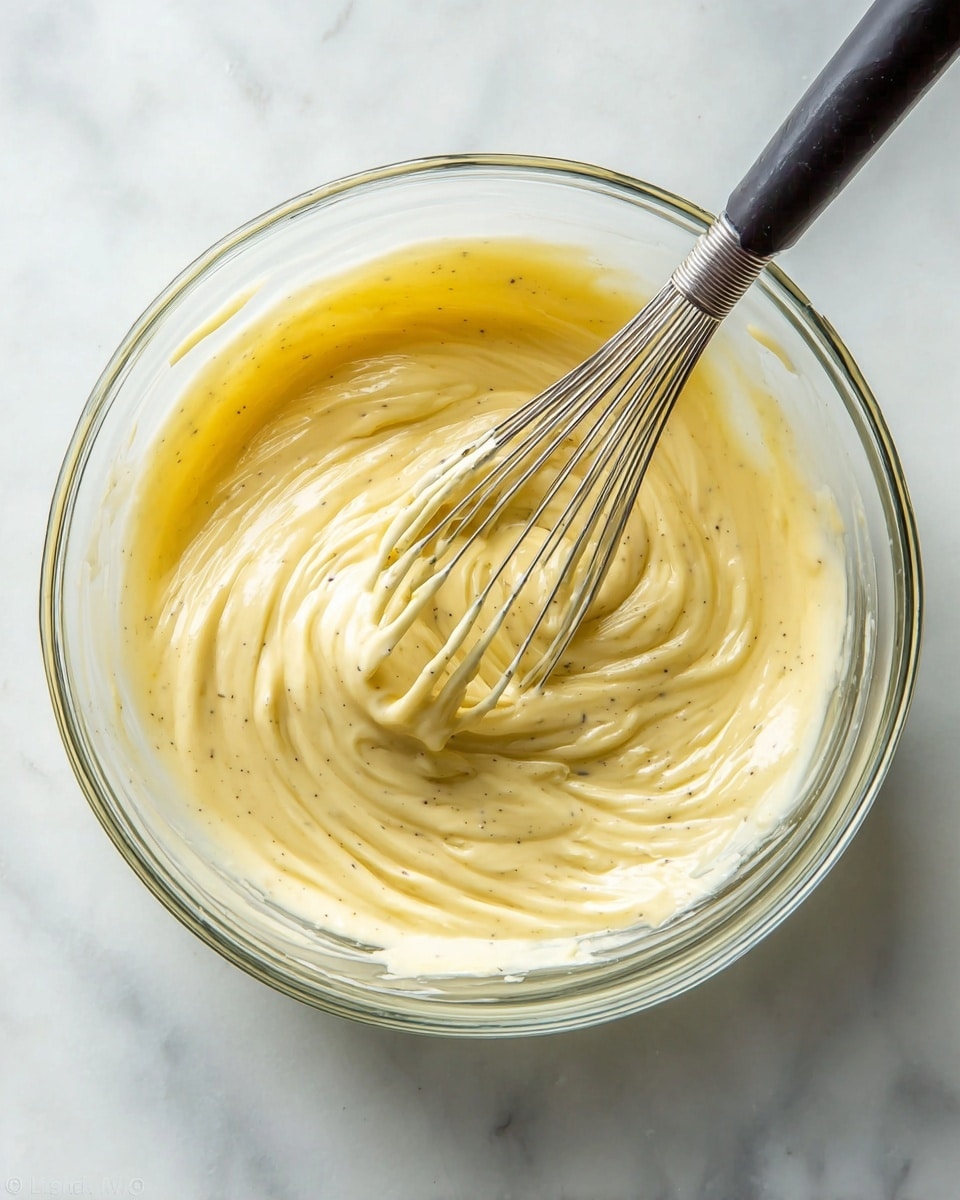 A clear glass bowl sits on a white marbled surface, filled with a creamy, thick yellow mixture that has small black specks of vanilla throughout. A metal whisk with a black handle rests inside the bowl, holding some of the smooth, glossy mixture on its wires. The mixture is swirled in the bowl, showing a soft, rich texture with gentle peaks and folds. The light reflects gently on the creamy surface, emphasizing its smooth and dense consistency. photo taken with an iphone --ar 4:5 --v 7