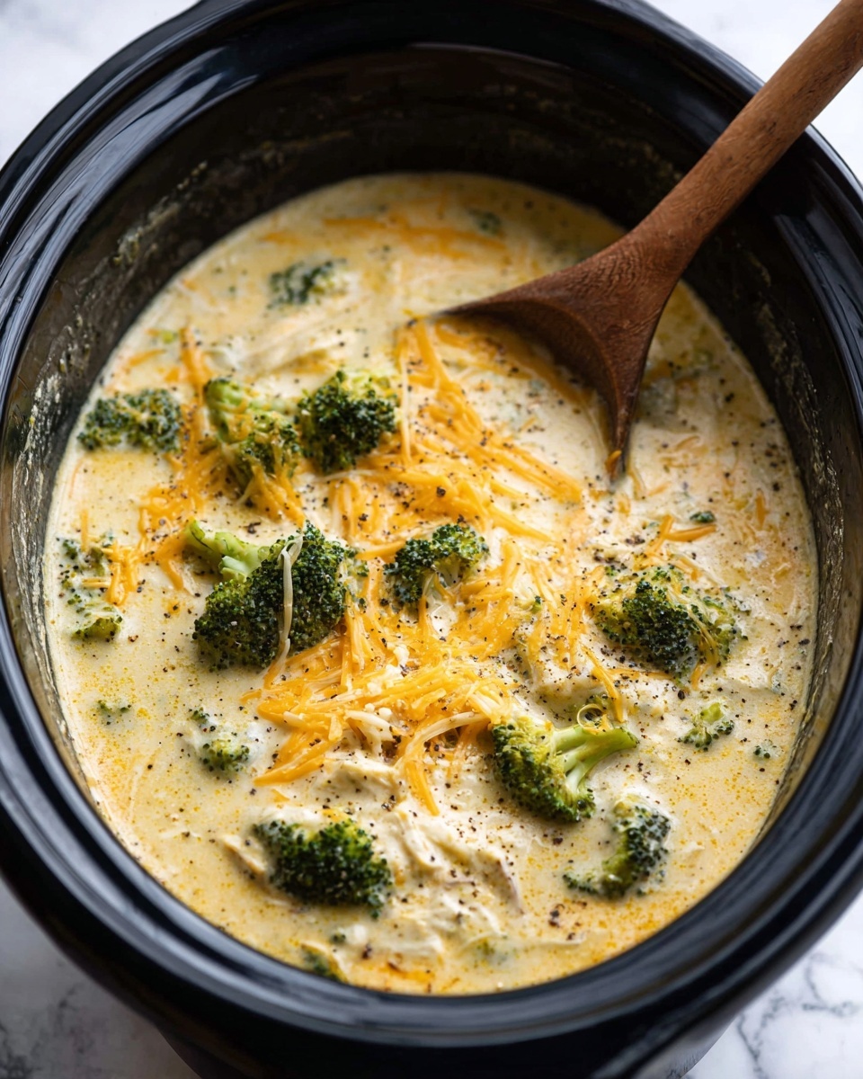 A black slow cooker is filled with creamy soup that has two main visible layers: a smooth, thick, pale yellow base mixed with melted orange and white cheese strands, and scattered bright green broccoli florets throughout. The texture shows a mix of smooth cream and chunky broccoli pieces, with some black pepper sprinkled on top for contrast. A wooden spoon is partially dipped into the soup on the right side, resting just below the surface. The background is a white marbled texture photo taken with an iphone --ar 4:5 --v 7