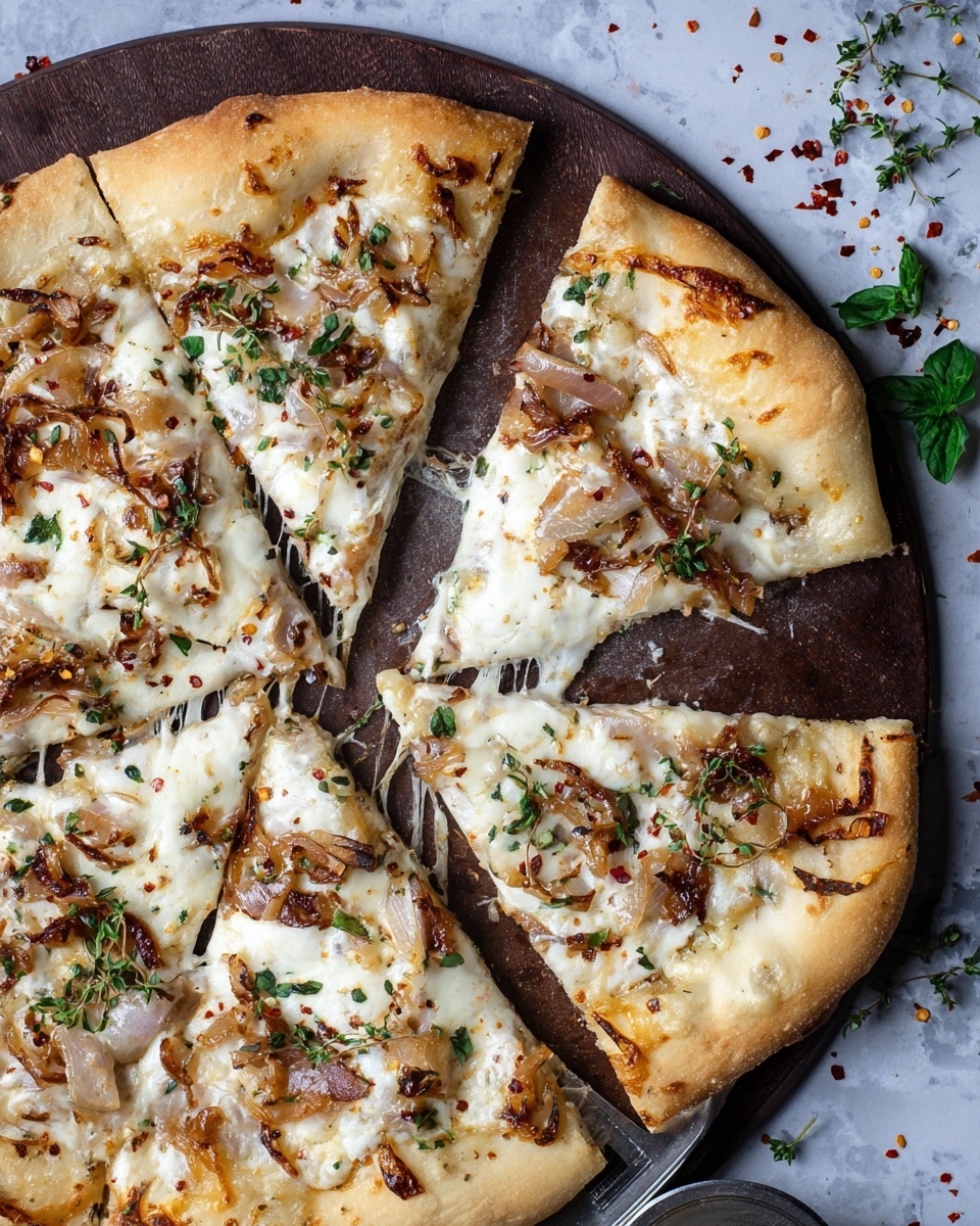 A pizza cut into six slices on a dark round pizza tray is shown. The pizza has a thick golden crust with a light brown edge. On top, there is a gooey layer of white melted cheese that stretches between the slices. Small pieces of caramelized onions and scattered green herbs, likely basil and thyme, are spread evenly over the cheese. The crust looks soft yet firm, and the pizza surface is slightly browned in spots. Around the tray, there are scattered bits of red chili flakes and green herbs on a white marbled textured surface, with a pizza cutter visible near the edge. Photo taken with an iphone --ar 4:5 --v 7