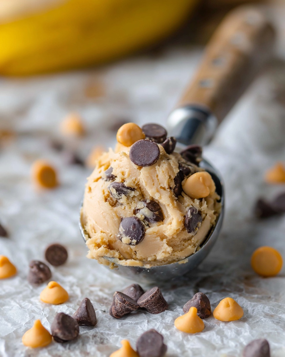 A metal scoop holds a single ball of light beige cookie dough with visible chunks of dark and light brown chips mixed inside. The dough ball is topped with extra scattered chocolate and butterscotch chips, which also lie around the scoop on crinkled parchment paper. In the blurred background, part of a yellow object is visible, all set on a white marbled surface. photo taken with an iphone --ar 4:5 --v 7