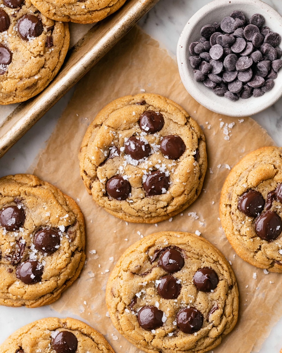 The image shows five golden brown cookies with large, round dark chocolate chips on top, sprinkled lightly with coarse sea salt. The cookies have a slightly cracked and soft texture with edges that look crisp and slightly darker. They are placed directly on a light brown baking paper on a white marbled surface. In the upper right corner, there is a white bowl filled with small round dark chocolate chips with a powdery coating. Part of a baking tray with more cookies is visible in the upper left corner. Photo taken with an iphone --ar 4:5 --v 7