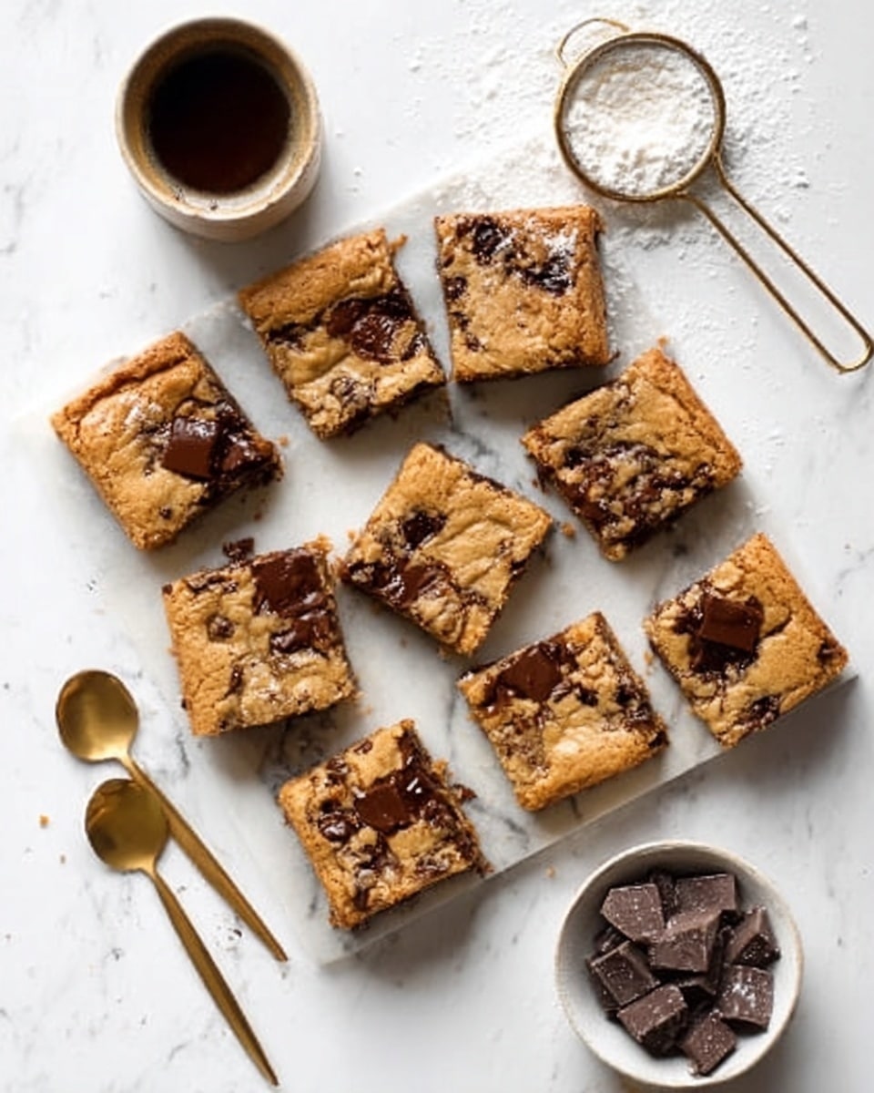 The image shows nine square chocolate chip cookie bars on a white marbled surface, each with a golden-brown top and scattered dark chocolate chunks inside. Some bars have extra chocolate pieces on top, melted slightly and shiny. There is a round cup filled with dark liquid coffee on the left side and a small white bowl filled with chocolate chunks on the right bottom. A fine metal sieve with white powder, likely sugar or flour, is placed above the bars. Two golden spoons lie near the bottom left corner. The scene looks bright and simple, arranged casually. Photo taken with an iphone --ar 4:5 --v 7