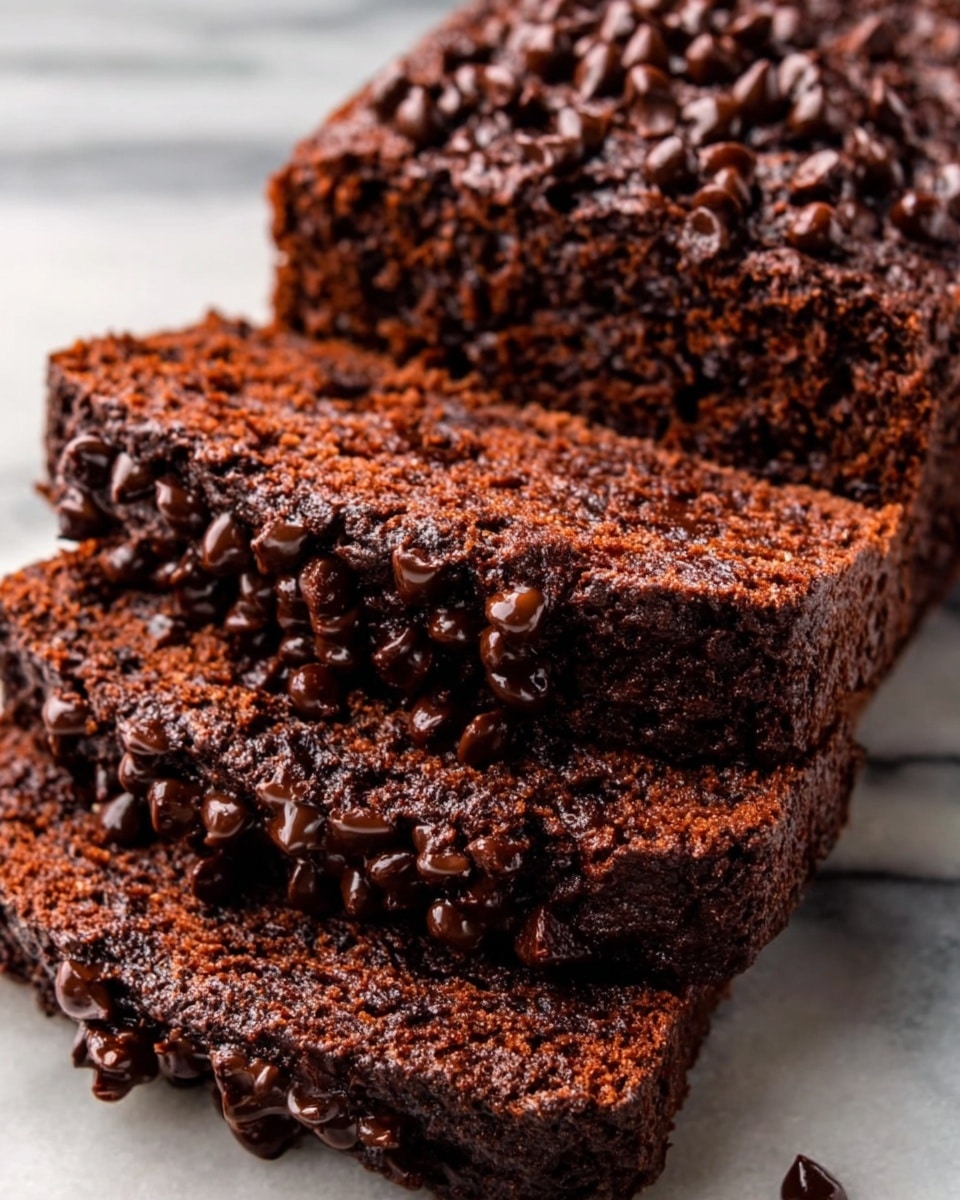 The image shows three slices of chocolate chip bread stacked slightly on top of each other. The bread layers are dark brown with a soft and moist texture. Tiny, shiny chocolate chips are spread all over the surface and inside of the bread, creating a rich, chocolatey look. The edges of the slices are slightly rough and textured, giving a fresh-baked feel. The bread is placed on a white marbled surface. Photo taken with an iphone --ar 4:5 --v 7