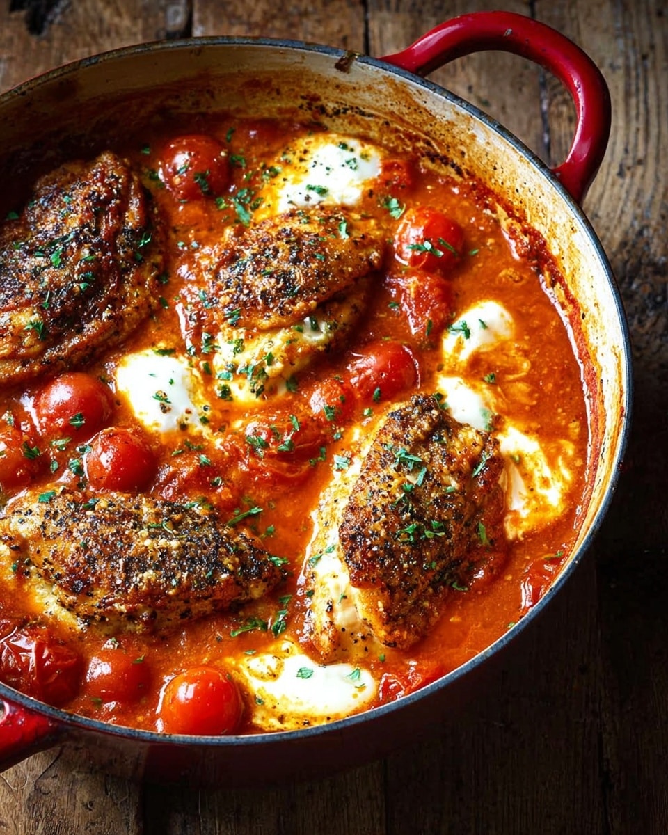 A round red pot holds a rich, thick orange-red tomato sauce with small whole cherry tomatoes scattered throughout. Three large, golden-brown seasoned chicken pieces are partially submerged in the sauce, with black pepper and herbs sprinkled on top. Soft white melted cheese blobs are melting into the sauce around the chicken, creating a creamy texture. The pot sits on a rustic wooden surface. photo taken with an iphone --ar 4:5 --v 7