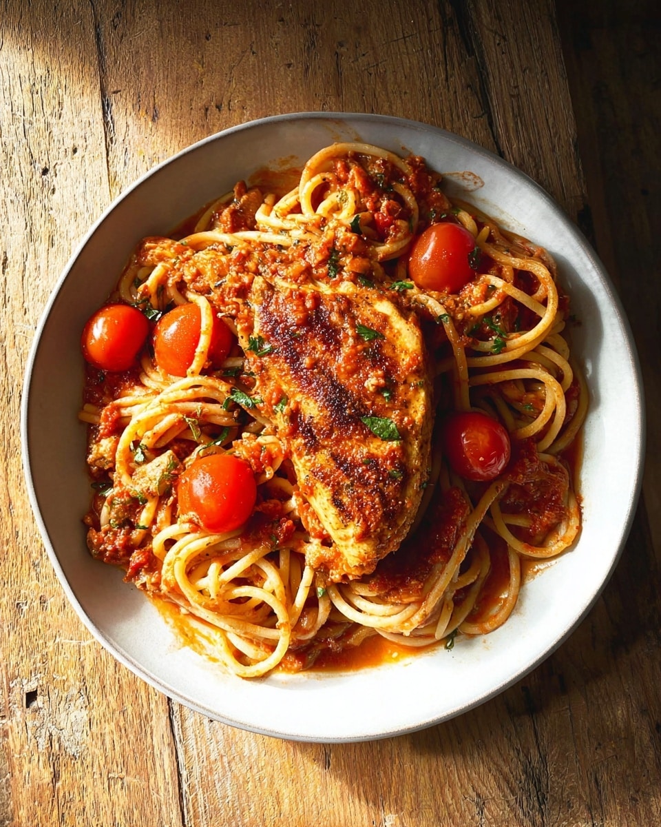 A white round plate filled with thick spaghetti noodles coated in a chunky red tomato sauce with bits of herbs and small pieces of cooked chicken mixed in, topped with a large, golden-brown grilled chicken piece placed in the center. Around the chicken, there are several bright red whole cherry tomatoes glistening in the sauce. The plate sits on a rustic wooden surface with a warm, natural light highlighting the textures of the chicken and sauce. Photo taken with an iphone --ar 4:5 --v 7