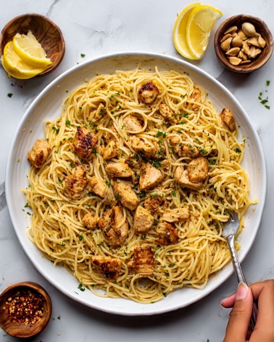 A white plate filled with a large serving of spaghetti pasta mixed with golden brown cooked chicken pieces. The chicken is cut into medium bite-sized chunks and is scattered evenly over the pasta. There are visible herbs and small green seasoning flakes sprinkled on top of the noodles and chicken, giving texture and color contrast. Around the plate, some lemon wedges and small bowls with red pepper flakes and ground nuts rest on a white marbled surface. A woman's hand is reaching toward the plate holding a fork. The scene is warmly lit, showing the pasta's shiny and soft texture. Photo taken with an iphone --ar 4:5 --v 7