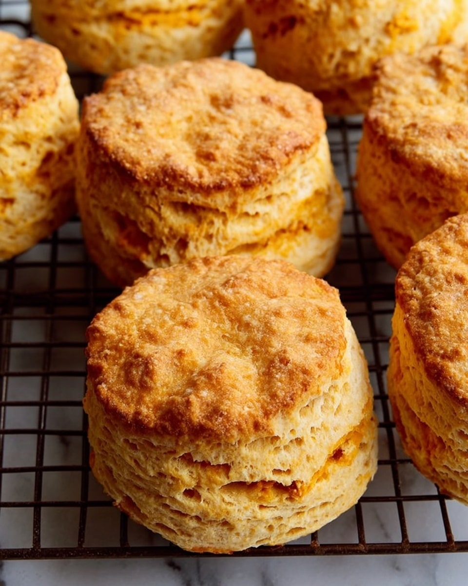 The image shows several golden-orange biscuits with a rough, flaky texture on a dark wire cooling rack. Each biscuit is round with visible layers and air pockets that give them a light, airy look. The biscuits have a slightly crunchy outer crust, with some small cracks and a soft looking inside. The background is a white marbled surface that contrasts with the warm tones of the biscuits. photo taken with an iphone --ar 4:5 --v 7