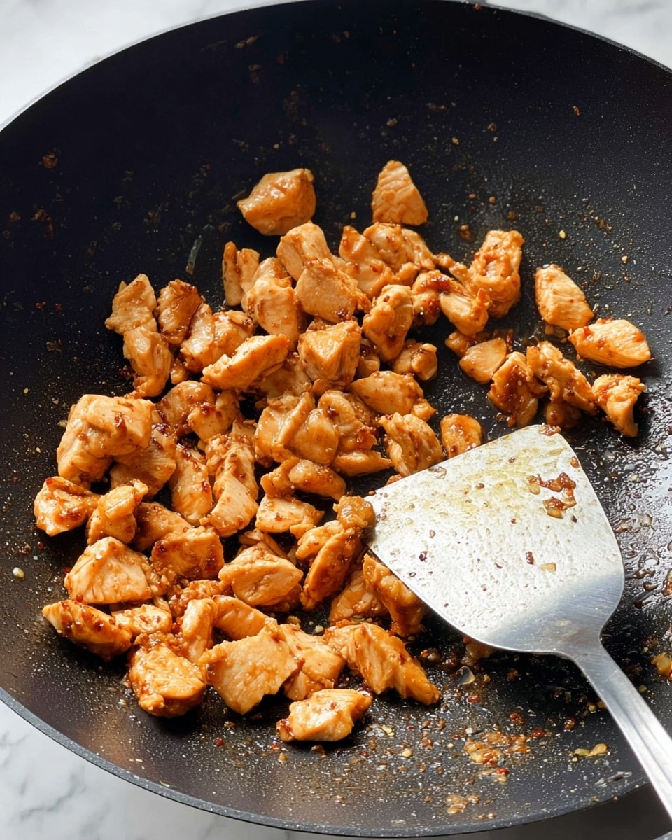 The image shows a close-up of small pieces of cooked chicken in a black wok. The chicken pieces are golden brown with a slightly crispy texture, scattered mostly in the center and bottom left of the wok. A shiny metal spatula with some oil and tiny bits of seasoning rests on the right side, partially under the chicken. The background is a white marbled surface. Photo taken with an iphone --ar 4:5 --v 7