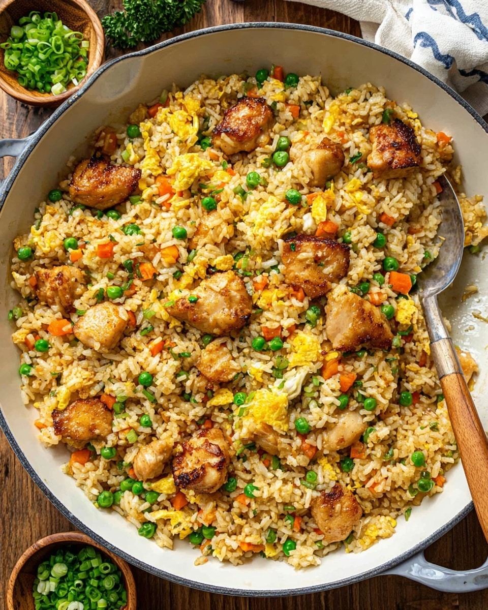 A large white pan filled with fried rice mixed with small bright green peas, finely diced orange carrots, and bits of yellow scrambled egg scattered throughout; chunks of browned, shiny cooked chicken pieces sit on top and throughout the rice, which looks lightly seasoned and cooked with small bits of onions, all mixed closely together; a silver spoon rests inside the pan, partially submerged in the rice, and the pan is set on a wooden surface with a small wooden bowl of chopped green onions and a bunch of green parsley nearby; photo taken with an iphone --ar 4:5 --v 7