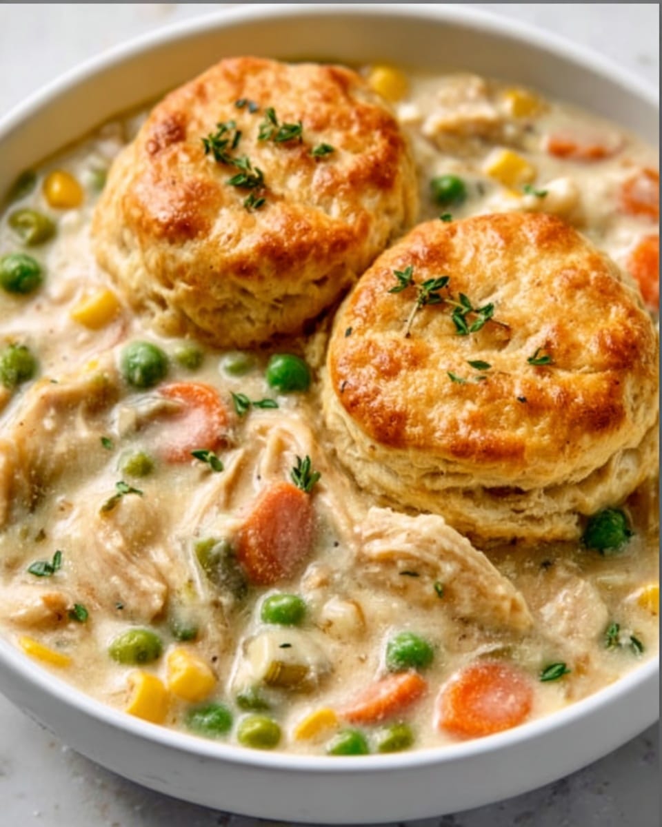 A white bowl filled with creamy chicken and vegetable stew, showing a thick texture with visible shredded chicken pieces, green peas, yellow corn, and small orange carrot bits mixed evenly throughout. A golden brown biscuit with a slightly rough and airy surface rests on the stew’s edge. The bowl sits on a white marbled surface, with some green parsley garnish sprinkled on top of the stew and small specks of black pepper. In the background, another white bowl with biscuits is partly visible. photo taken with an iphone --ar 4:5 --v 7