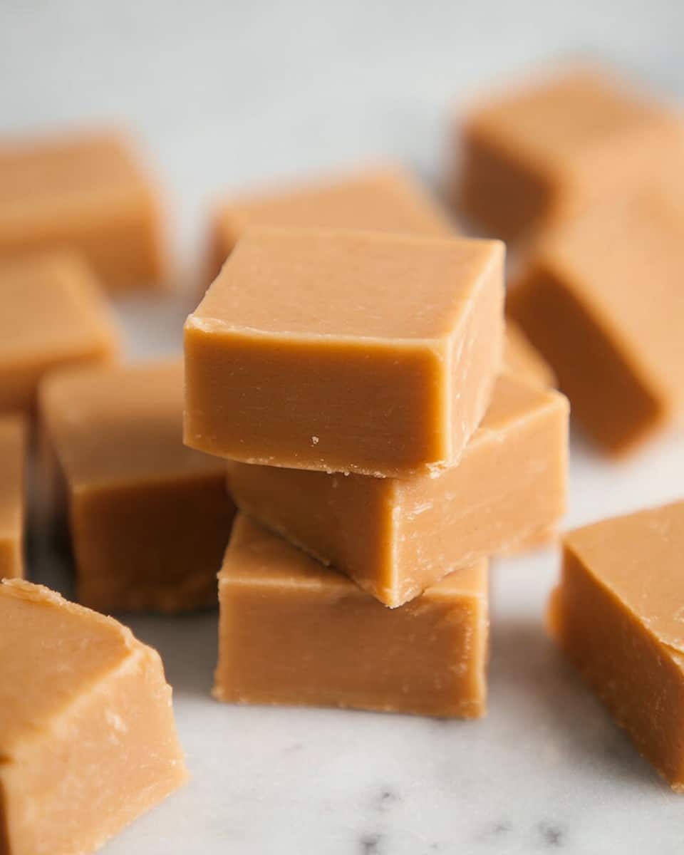 The image shows smooth, light brown fudge squares arranged on a white marbled surface. In the center, two fudge squares are stacked on top of each other, showing clean edges and a creamy texture. Surrounding the stack, more fudge squares are scattered flat, with smooth tops and slightly uneven sides that give a homemade look. The overall color is a warm caramel brown, and the fudge’s texture looks soft but firm enough to hold its shape well. The background is a simple white marbled texture, keeping the focus on the fudge. photo taken with an iphone --ar 4:5 --v 7