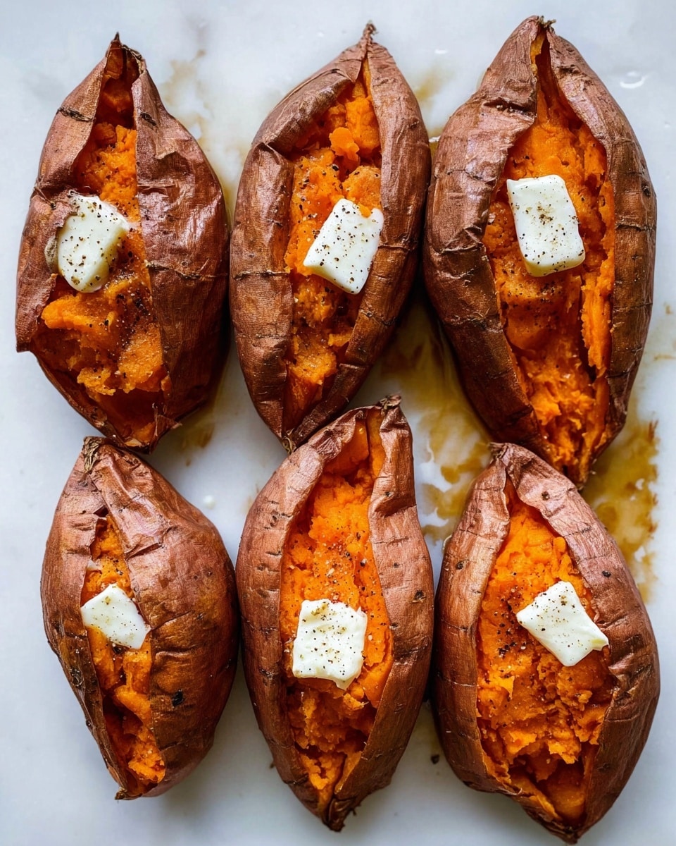 Four baked sweet potatoes with wrinkled, dark brown skin are arranged in a row on a white marbled surface. Each sweet potato is split open lengthwise, showing bright orange soft flesh inside, slightly mashed. On top of the sweet potato flesh, a small piece of melting white butter sits in the center of each. There are small black pepper sprinkles on the butter and orange flesh. Some shiny brown juices have leaked around the potatoes on the white marbled surface. photo taken with an iphone --ar 4:5 --v 7