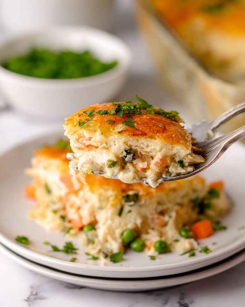 A close-up of a fork lifting a portion of a creamy casserole dish from a white plate set on a white marbled surface. The casserole has two layers: the top layer is golden brown and crisp, with small green herb pieces sprinkled on it, while the bottom layer is a mix of soft textures with visible orange carrot chunks, green peas, and light creamy sauce. In the blurred background, there is a white bowl filled with chopped green herbs and a glass dish containing extra casserole. The scene is warmly lit, showing the mix of colors and textures clearly, photo taken with an iphone --ar 4:5 --v 7