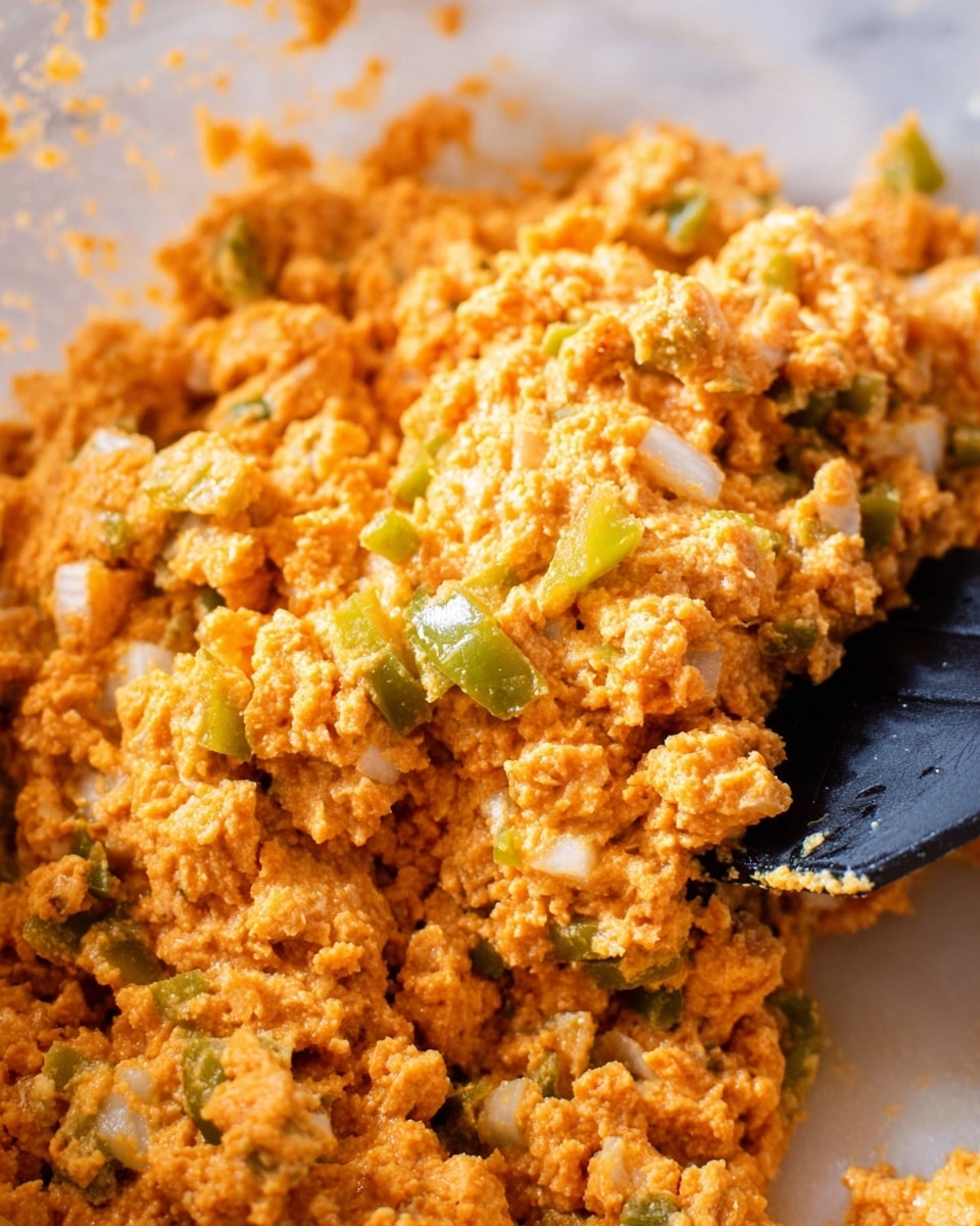 A close-up image of a cooked mixture showing small chunks of soft, orange-colored textured food combined with pieces of green and white vegetables. The texture looks creamy and slightly chunky, with visible bits of diced green peppers and onions mixed throughout. A black spatula is partially visible on the right side, scooping some of the mixture. The image is taken on a white marbled surface. photo taken with an iphone --ar 4:5 --v 7