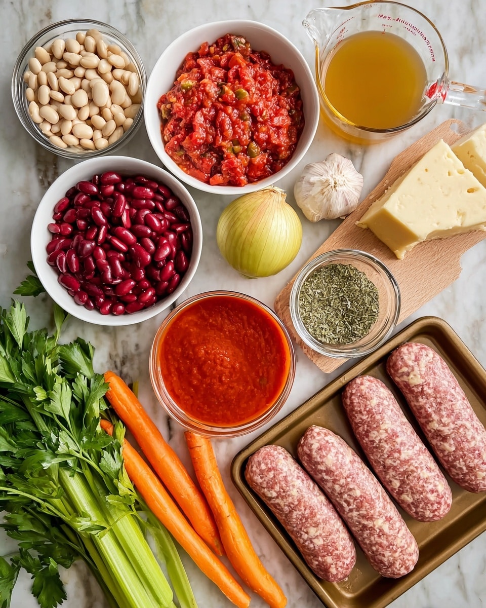 The image shows a collection of cooking ingredients arranged on a white marbled surface. There are four raw sausages with a marbled pink and white texture placed in the bottom right on a brown tray. Above them, a white bowl holds crushed red tomatoes with a bright red color and chunky texture. Next to it, a clear measuring cup contains a light brown broth. In the middle, a white bowl with white beans is placed beside a bowl of bright red kidney beans. There is a clear bowl with dried mixed green herbs near the center. A whole yellow onion rests on a light wooden cutting board along with a bowl of smooth red tomato sauce. The bottom left has a pile of fresh vegetables including bright orange carrots, green celery sticks, and a bunch of fresh green parsley. A large piece of pale yellow hard cheese is also on the cutting board near a head of garlic with white papery skin. photo taken with an iphone --ar 4:5 --v 7
